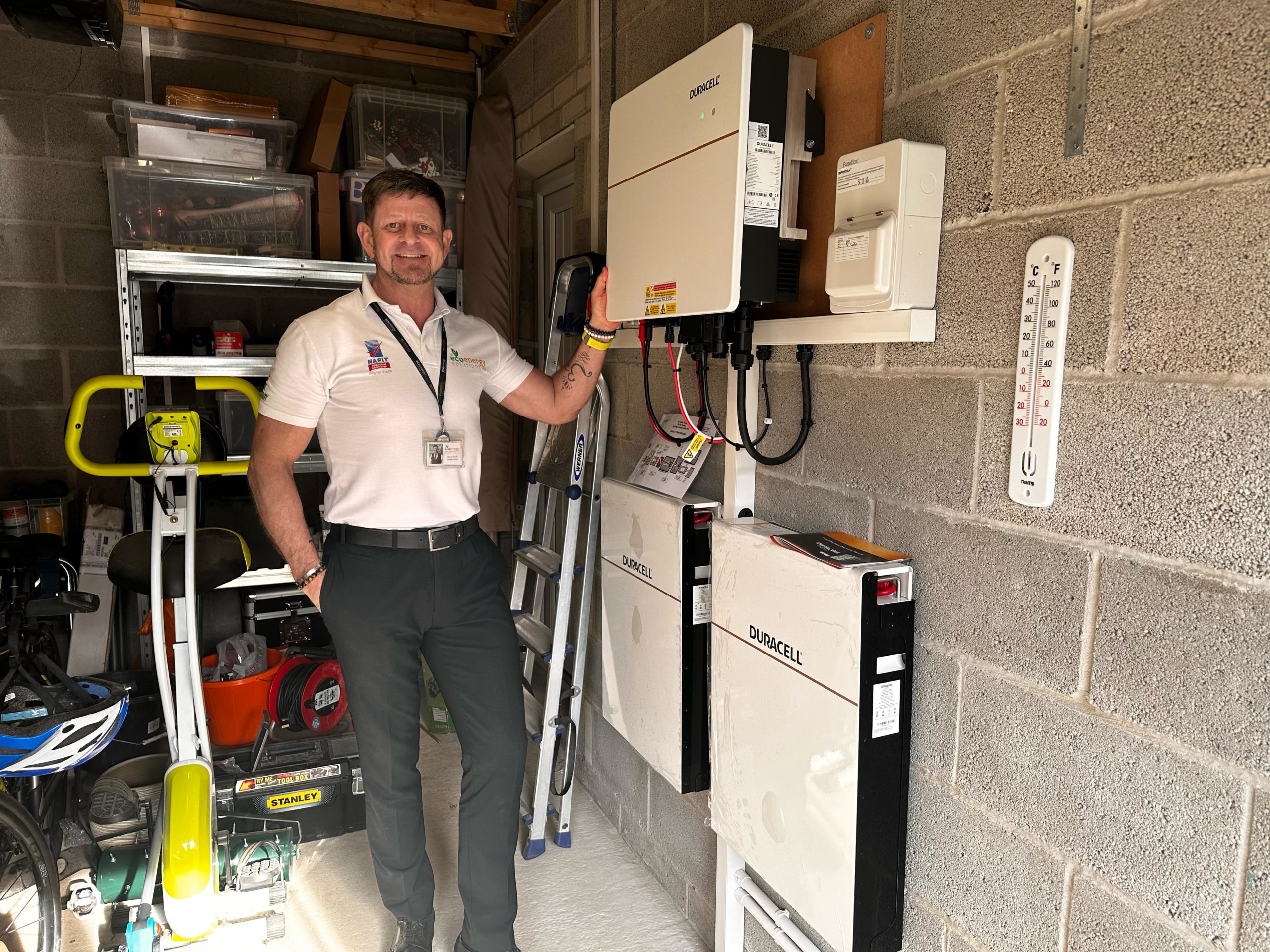 Duracell Energy Home Battery System installed by Uk Eco Energy Solutions Home solar setup with battery storage and bird mesh for protection and energy independence.