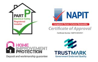 Accreditations and memberships of UK Eco Energy Solutions including NAPIT, TrustMark, HIP Home Improvement Protection, and Electrical Safety standards, renewable energy experts in Lincolnshire and the East Midlands.